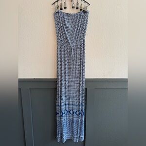 Old Navy Blue White Print Strapless Maxi Dress Tie Waist Size M